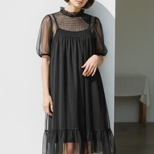 Y2K Black Sheer Coquette Fairy Grunge Slip Dress Puff Sleeves Dark Fairy Goth S